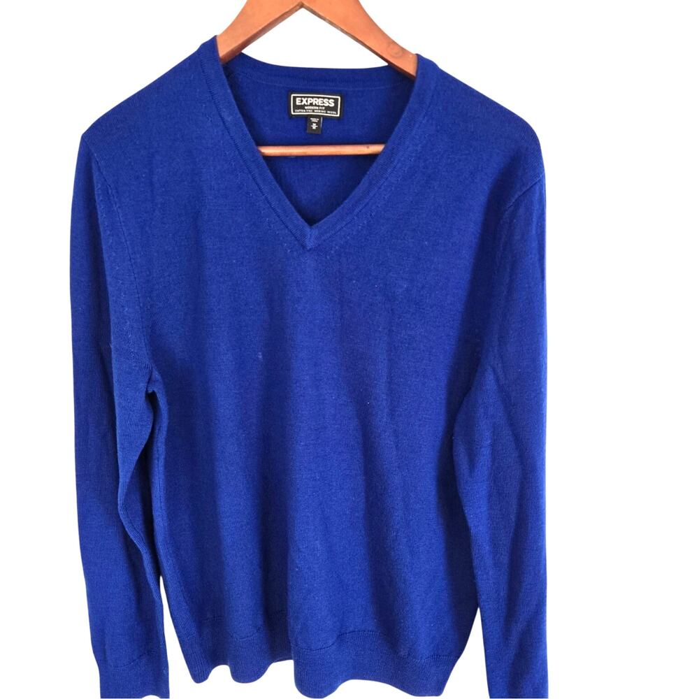 Cobalt Blue Classic Vneck Sweater RoryGilmore Academic Preppy 100% Merino Wool M